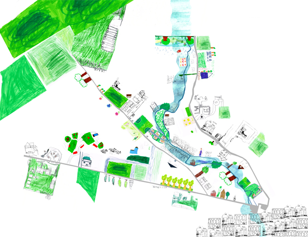 Cartographie de dessins d'enfants, quartier inventé