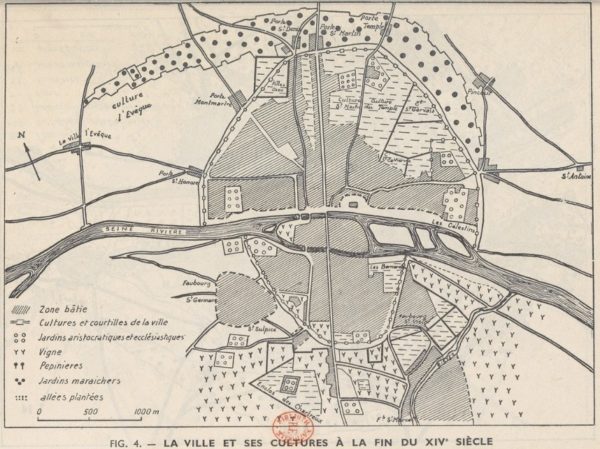 Map of Paris at the end of the 14th century. From La vie rurale de la banlieue parisienne : étude de géographie humaine / Michel Phlipponneau. 1956. Source gallica.bnf.fr / Bibliothèque nationale de France